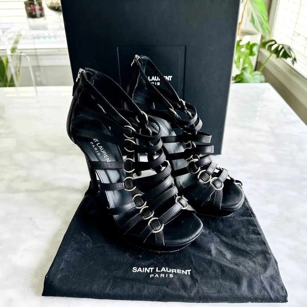 Saint Laurent Nina Cage Sandals Size 38.5 Calfskin Black w/Box Dustbag 316198 - Picture 12 of 12